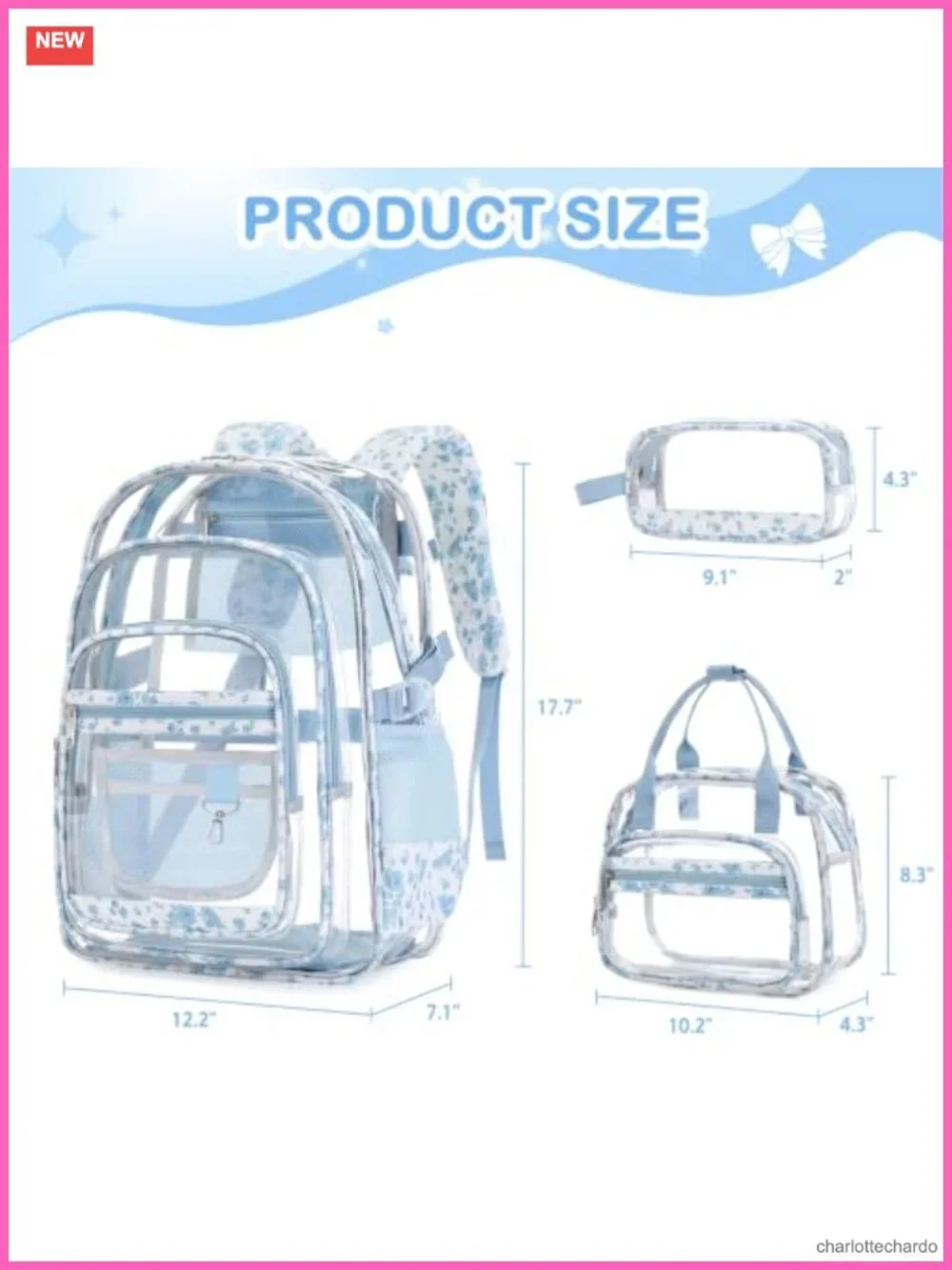 3-Piece Clear Backpack Set with Lunch Box & Pencil Case, Heavy Duty PVC, Large